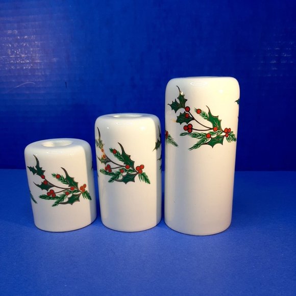CHRISTMAS Taper Candle Holder Set 3 Centerpiece Fireplace Hearth Holly Berries - Picture 1 of 15